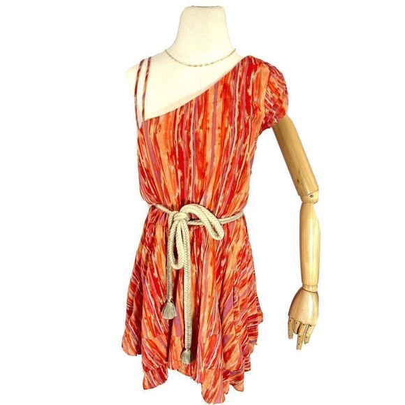 Free People One Shoulder Dress Rope Belt Ruffle Greek Goddess Size M NEW - Picture 2 of 16